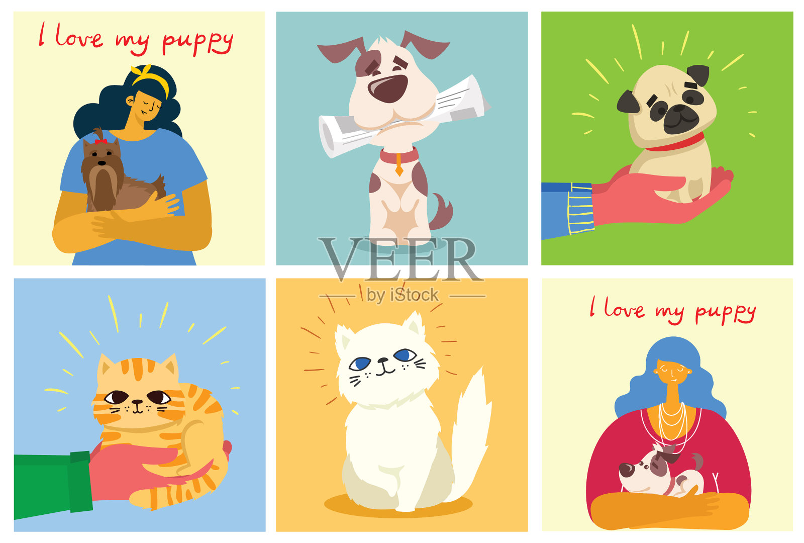 在卡片上设置猫和狗插画图片素材