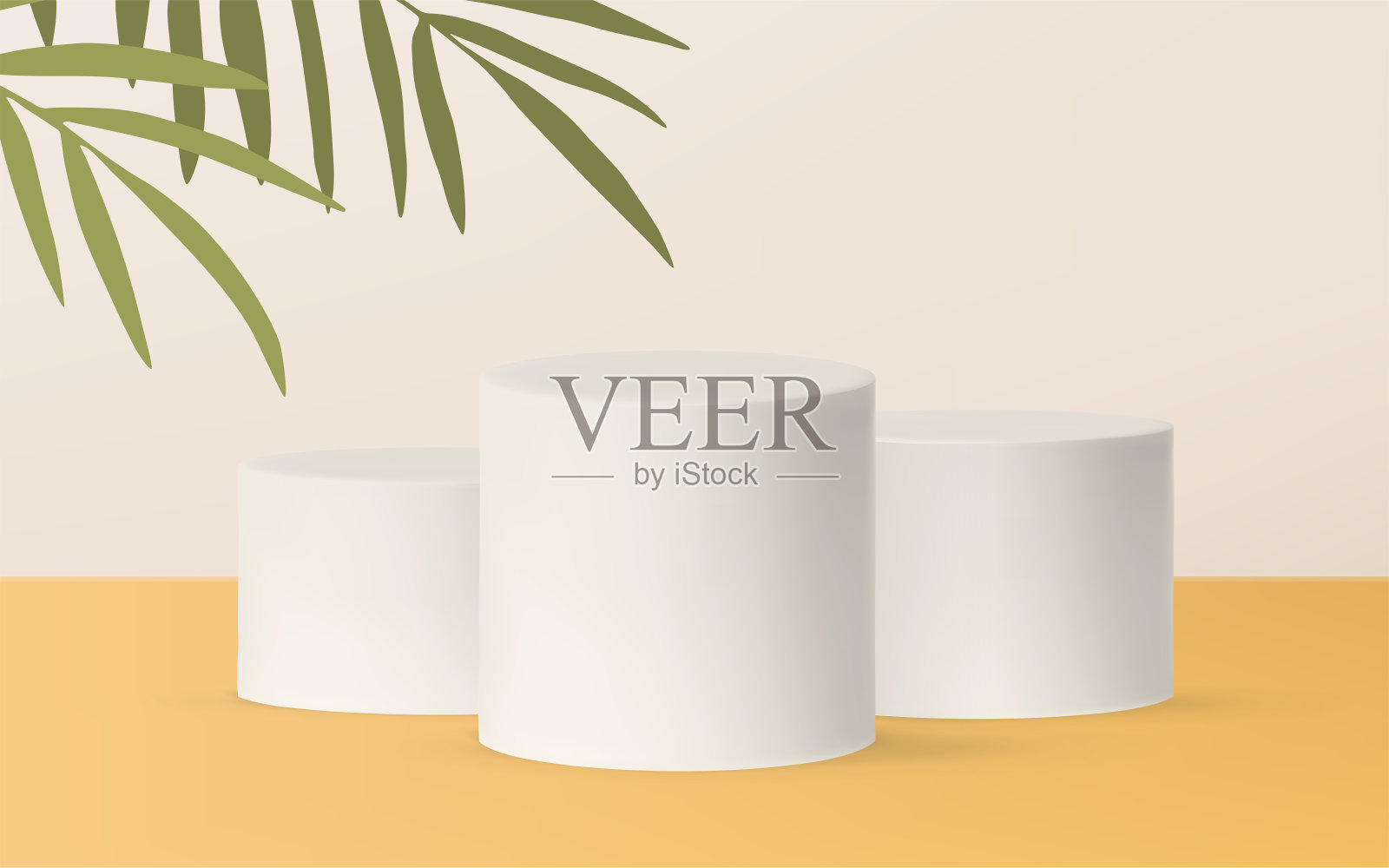 背景与空基座阶段热带棕榈树在米色和黄色的背景。最小的夏天的概念插画图片素材