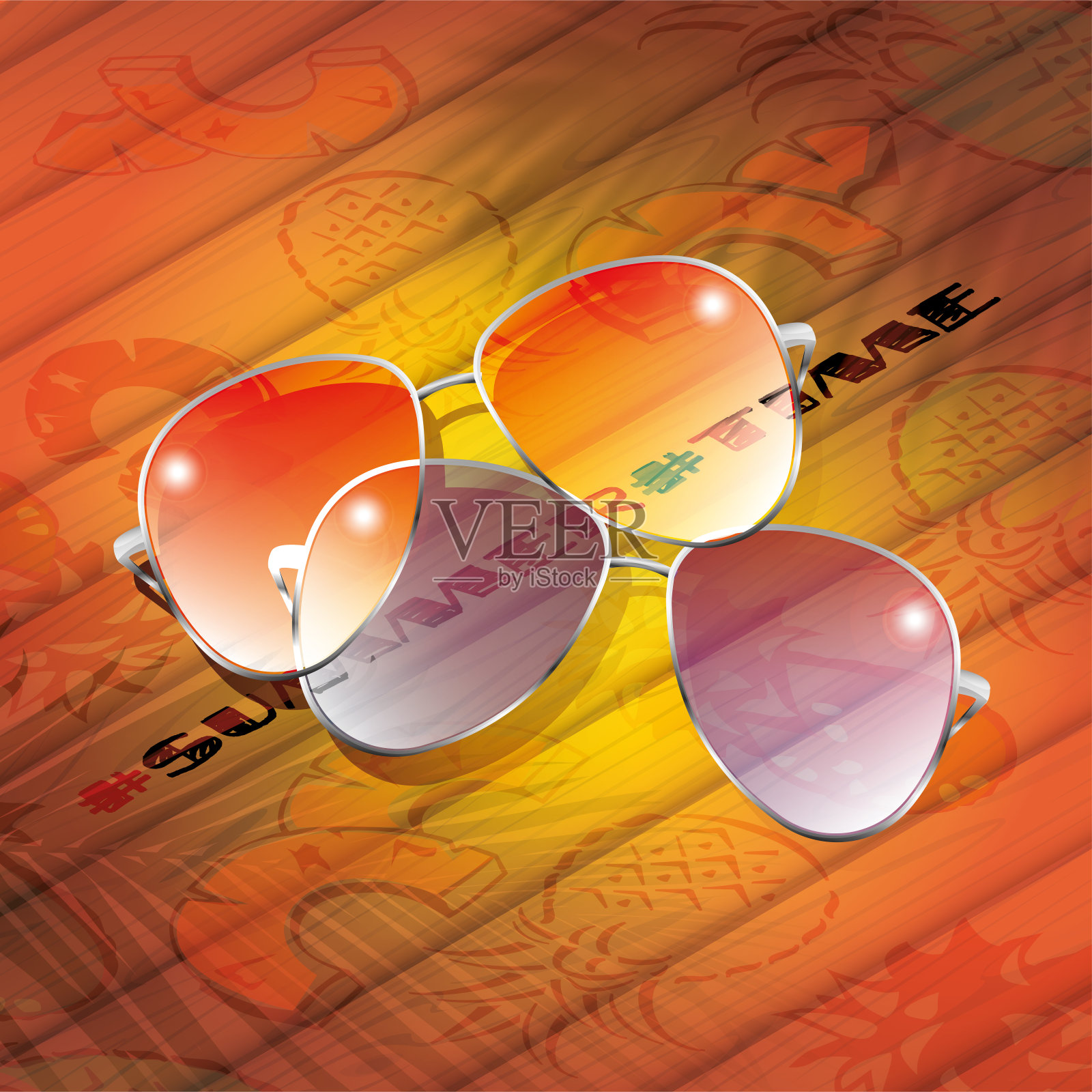 夏天的时间!太阳眼镜在明亮的纹理木制背景与棕榈树的影子。创意传单或海报。插画图片素材