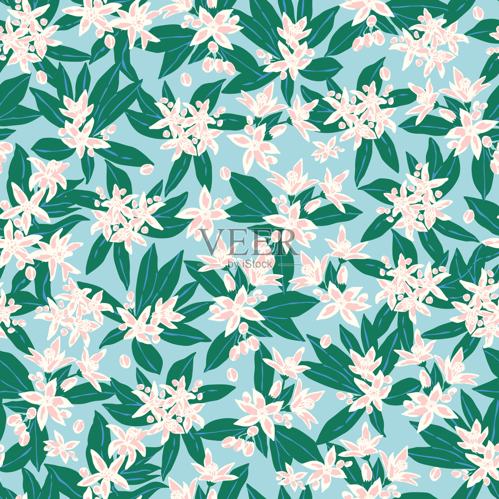 手绘小白花和叶子插图图案无缝重复图案数字文件图案艺术品家居装饰时尚印花织物纺织插画图片素材