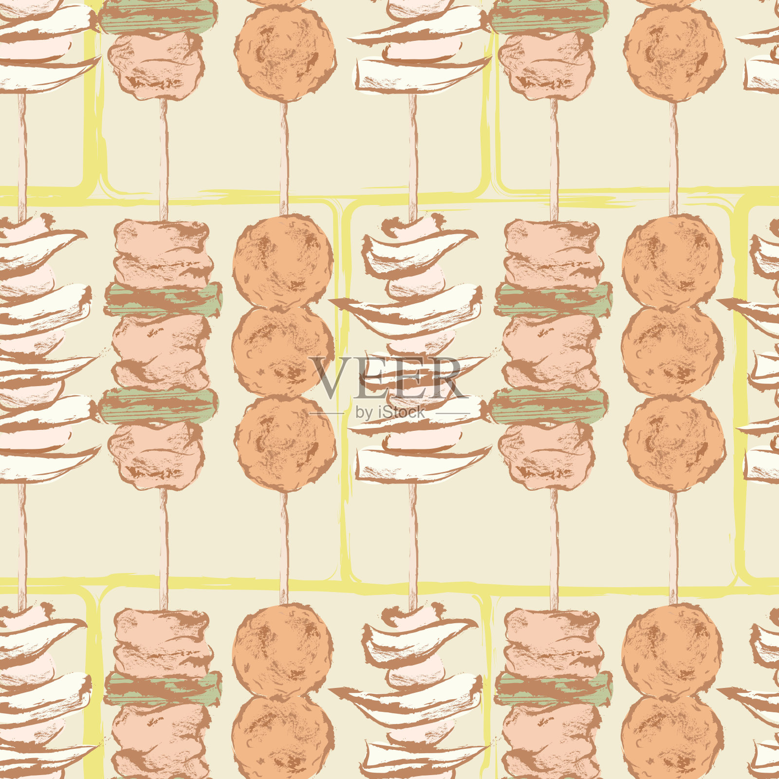 无缝模式的烤鸡串。着色。插画图片素材