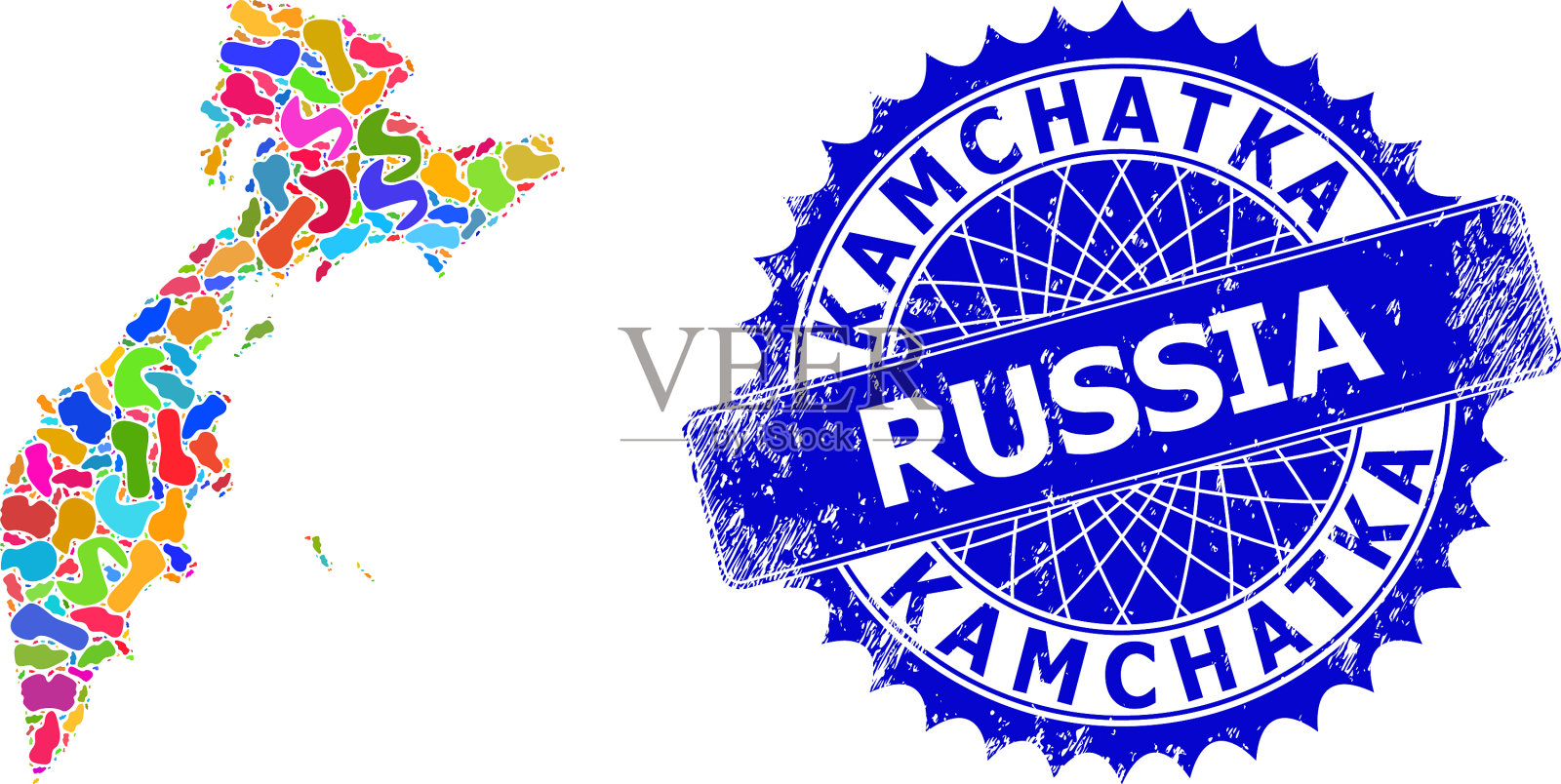 喷溅拼贴堪察加地图和刻花印章插画图片素材