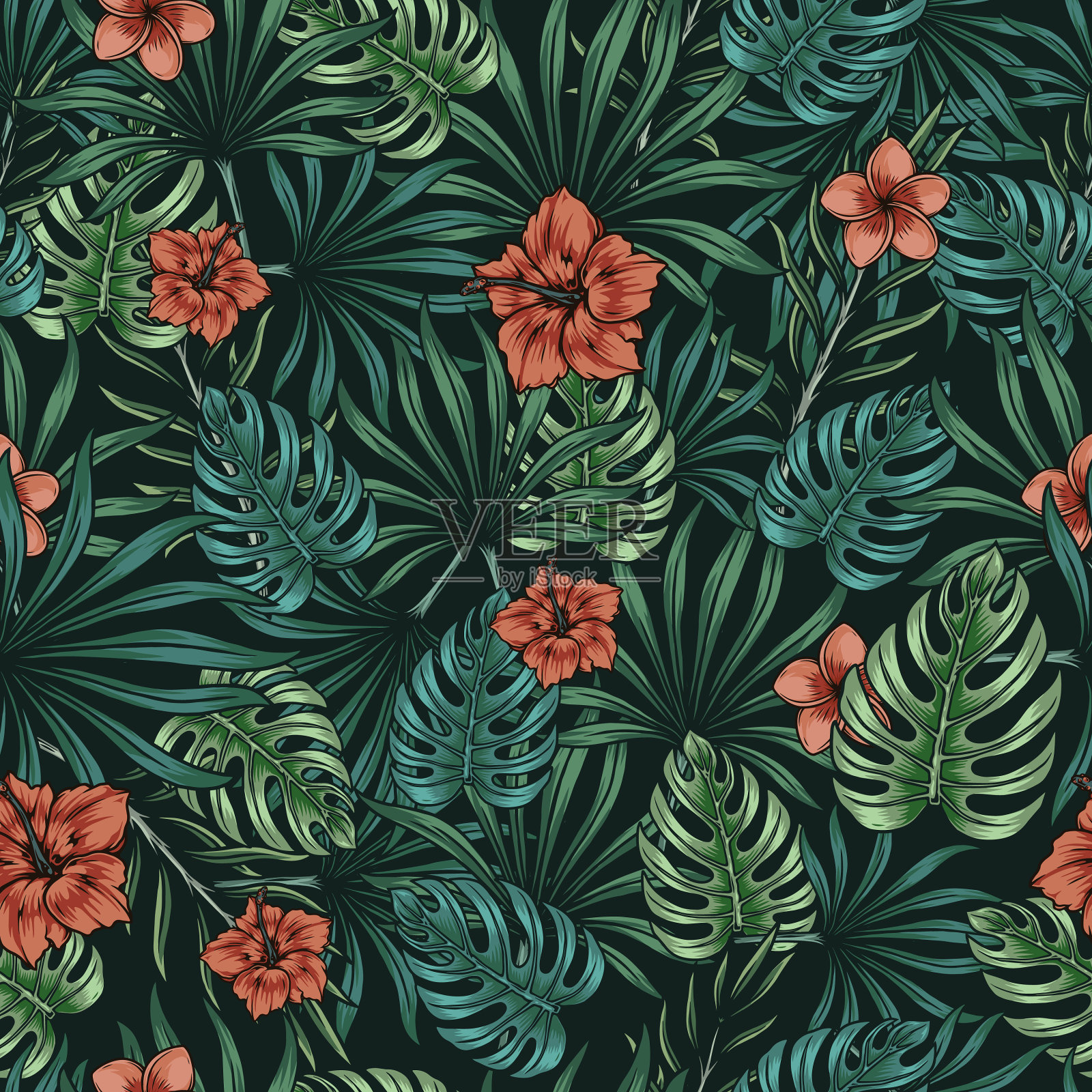 美丽的热带花卉无缝图案插画图片素材