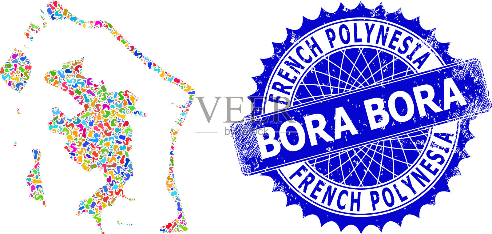 Spot拼贴bora-bora地图和遇险海豹插画图片素材