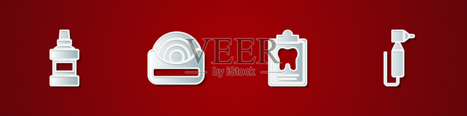 设置漱口瓶牙线卡和牙齿图标素材