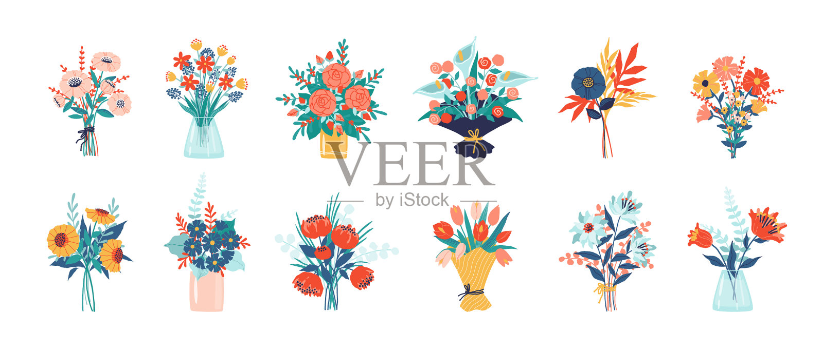 花瓶和玻璃上的花束设计元素图片