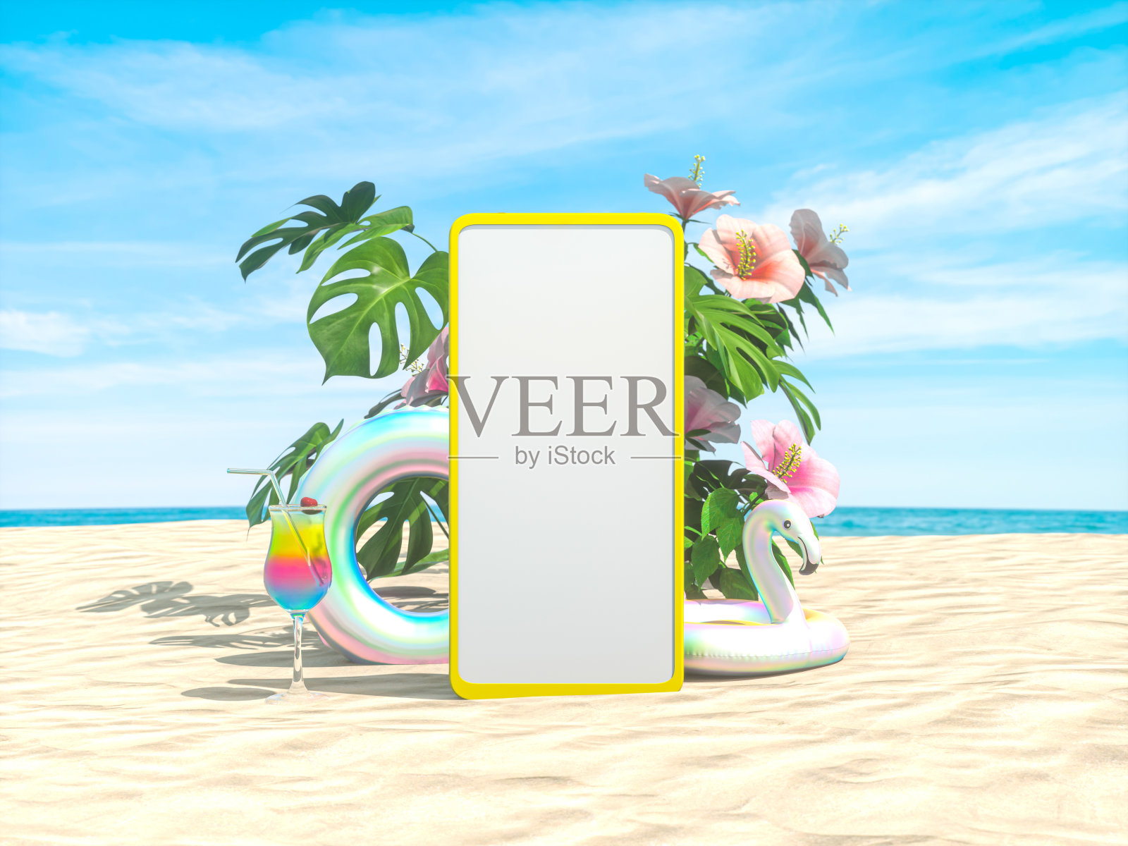 抽象的夏季海滩场景与手机模型的背景。照片摄影图片