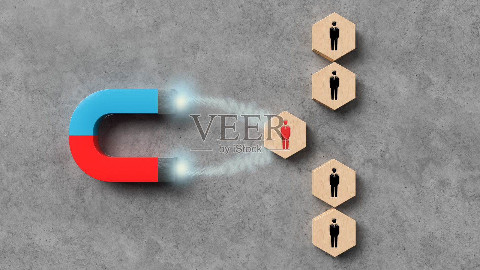 磁铁吸引一个六边形与一个人的符号在它- 3d插图照片摄影图片