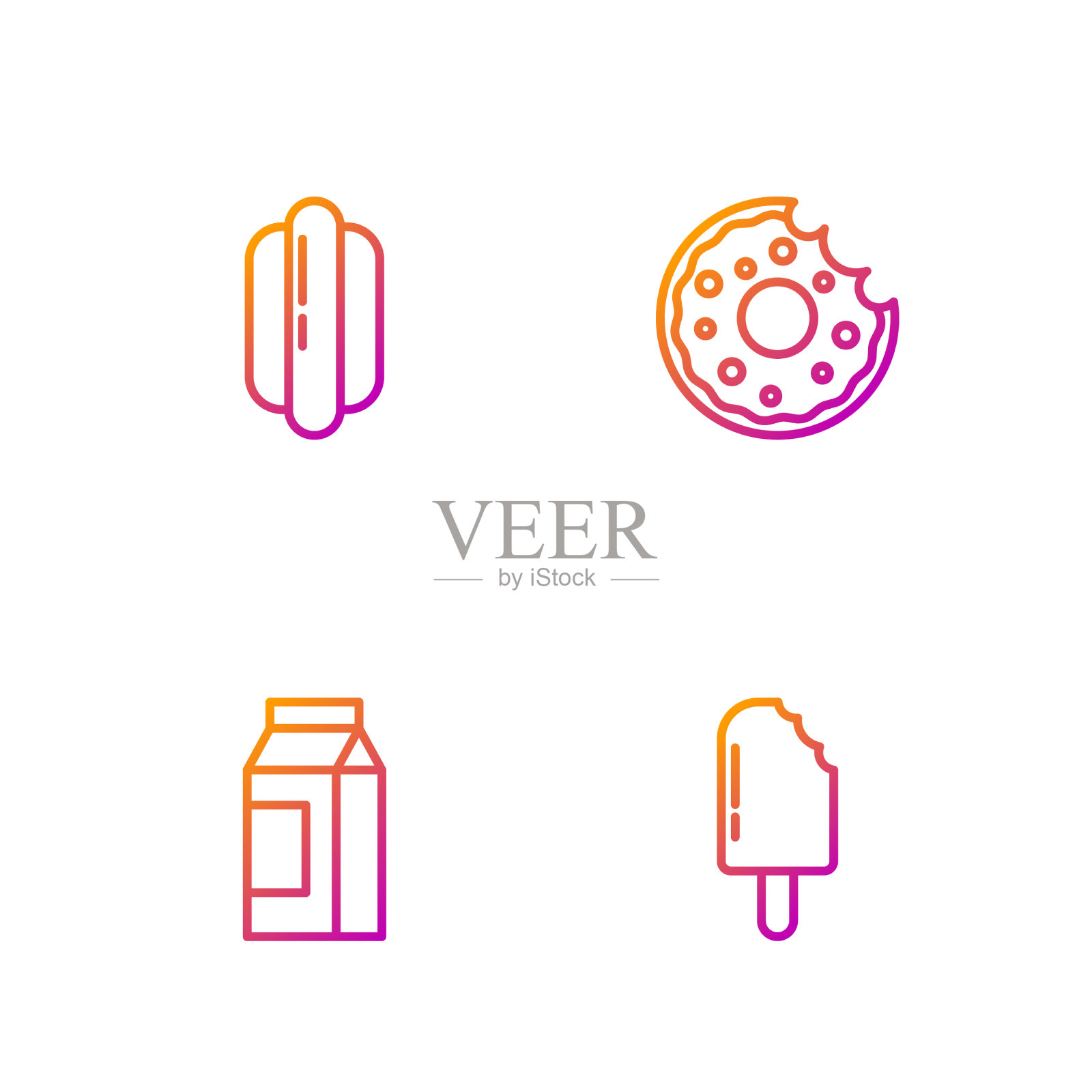 为牛奶热狗设置冰淇淋包装线图标素材