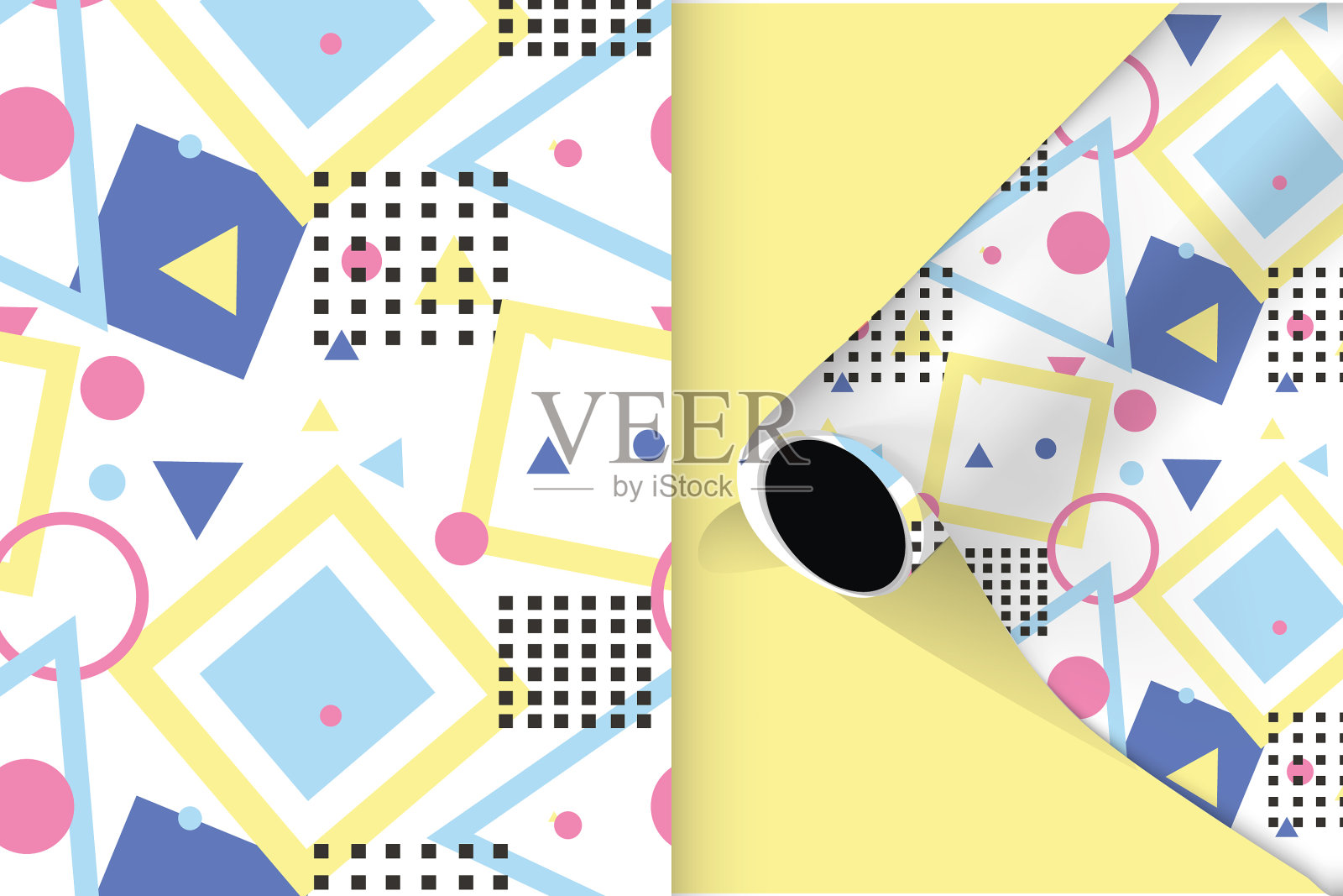 可爱的颜色孟菲斯图案与纸模型插画图片素材