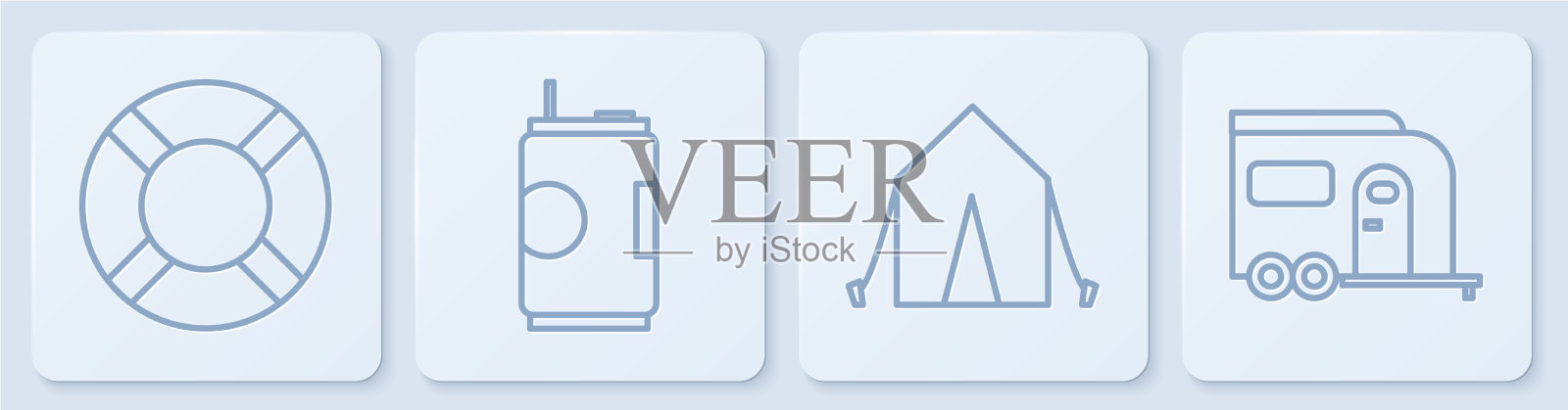 设救生圈、旅游帐篷、易拉罐、房车图标素材