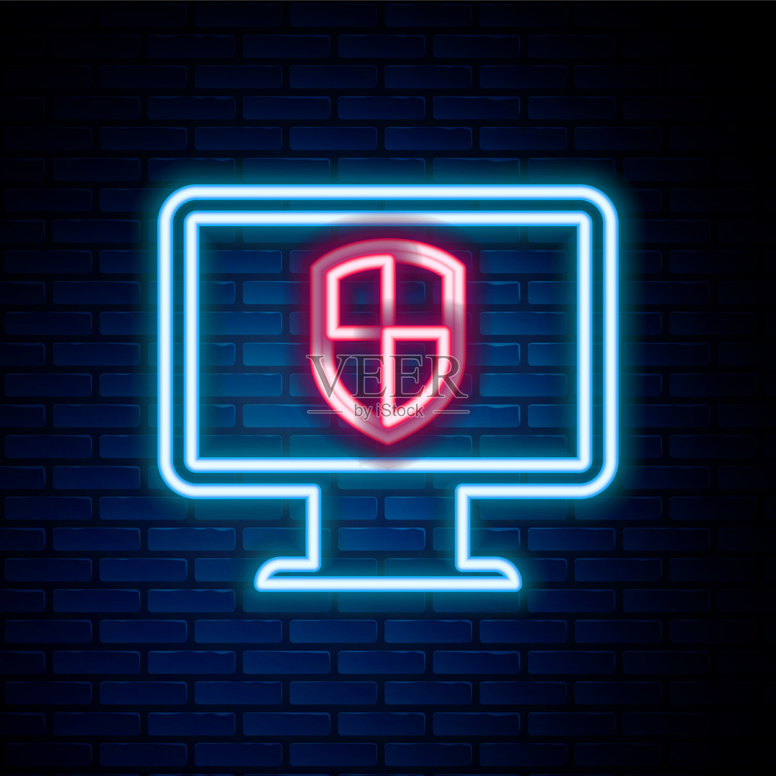 发光的霓虹灯线监视器和盾牌图标隔离插画图片素材