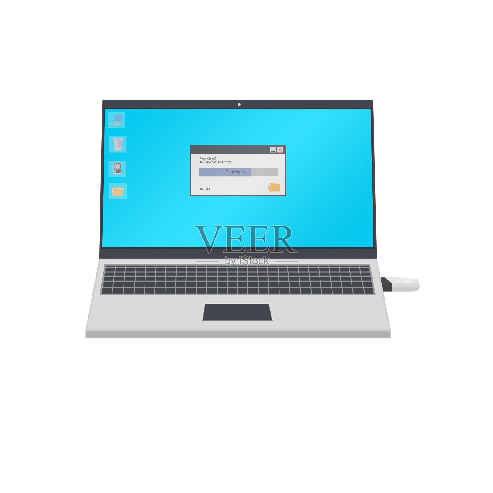 连接USB驱动器到笔记本电脑。复制文件插画图片素材