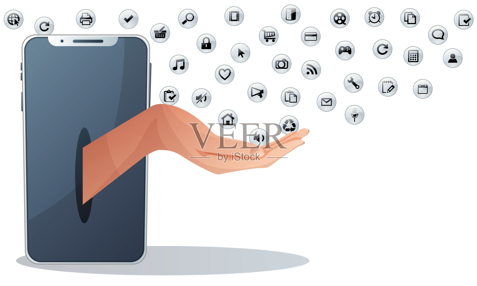 设置图标和电话与手在一个孤立的白色背景。创意设计或传单。插画图片素材