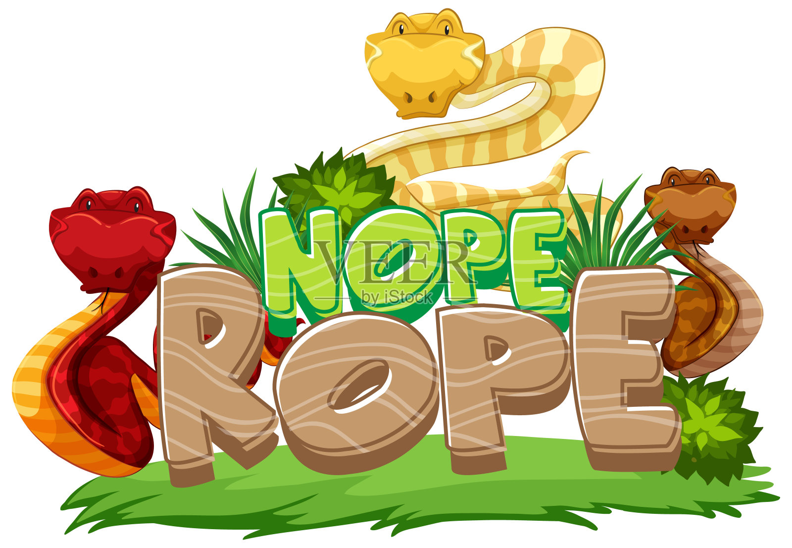 许多蛇卡通人物与不绳字体旗帜孤立插画图片素材