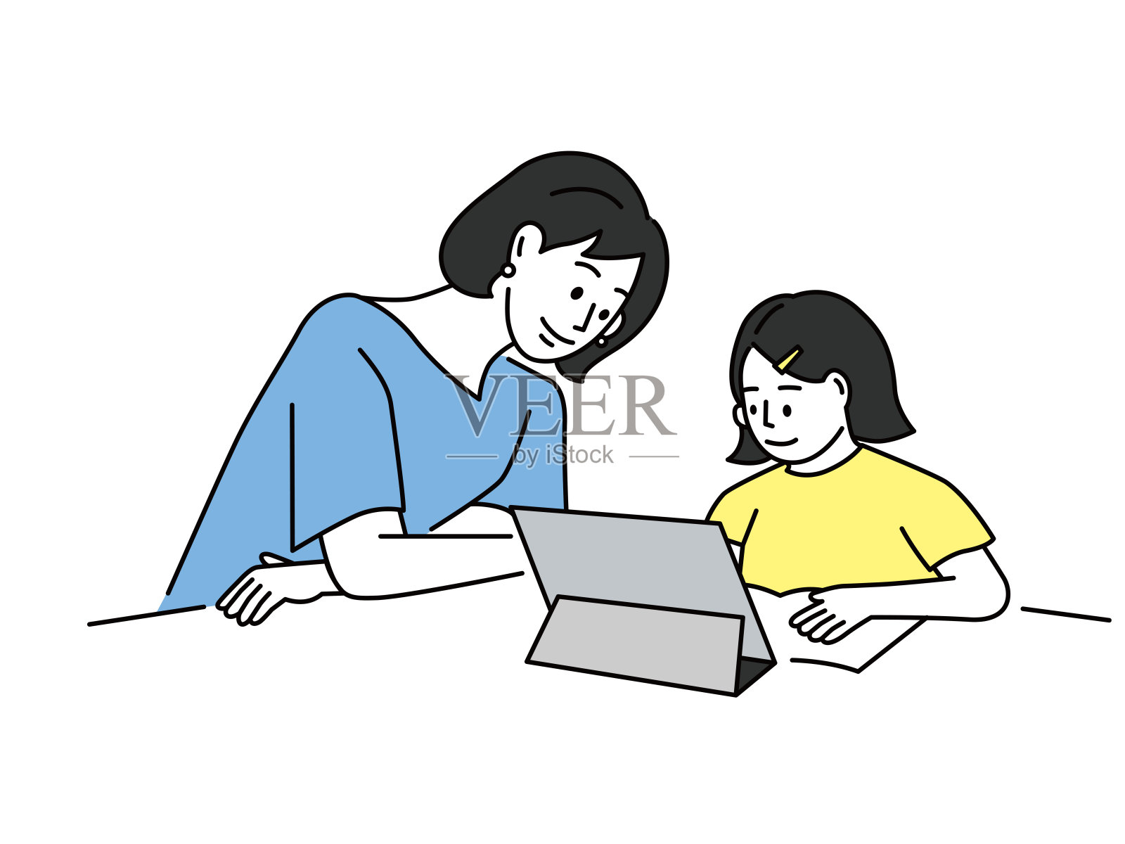 育儿、教育、母子插图交流、在线、学习、玩耍、教学、呆在家里、在家学习插画图片素材