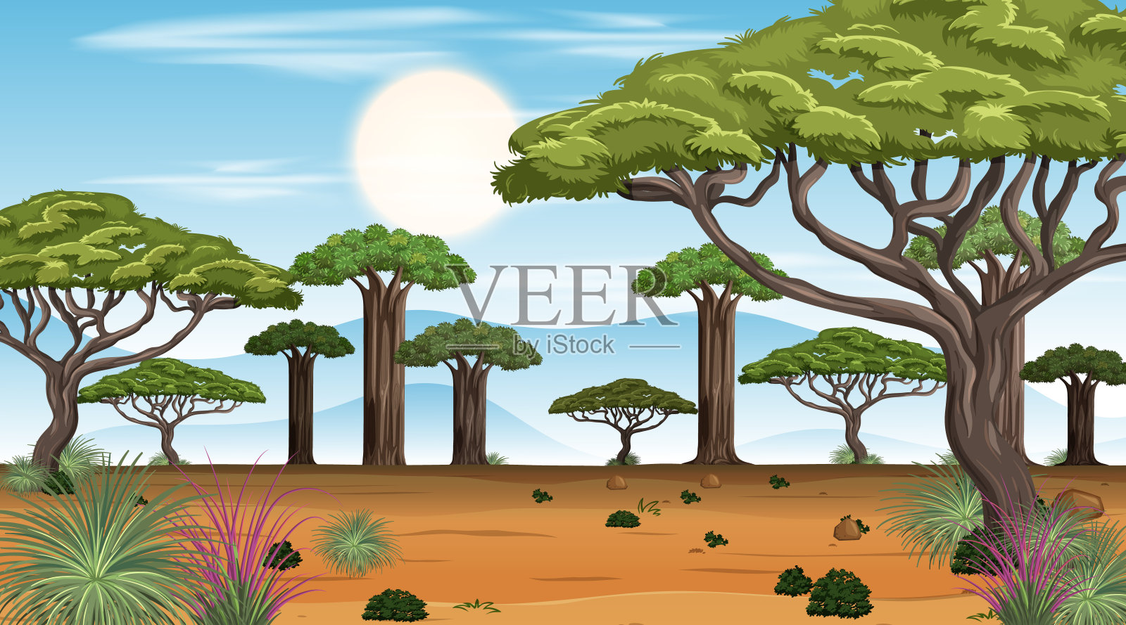 白天的非洲草原森林景观插画图片素材