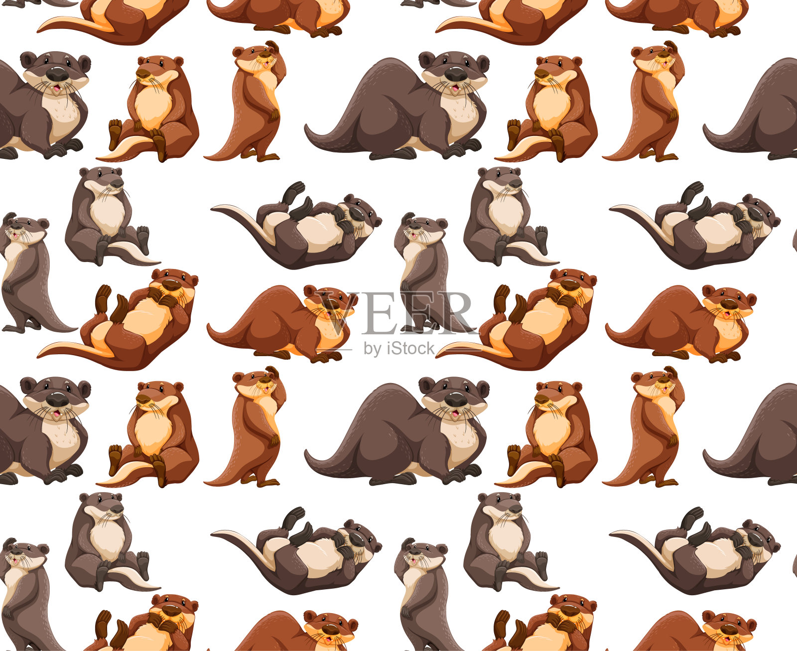 无缝图案与可爱的水獭在不同的姿势在白色的背景插画图片素材
