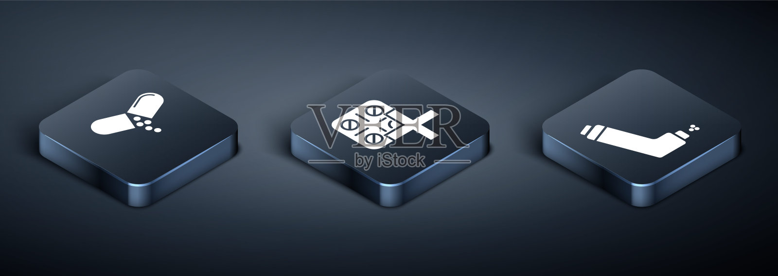 设置等距药物药丸或片剂，吸入器和药丸在吸塑包装图标。向量图标素材