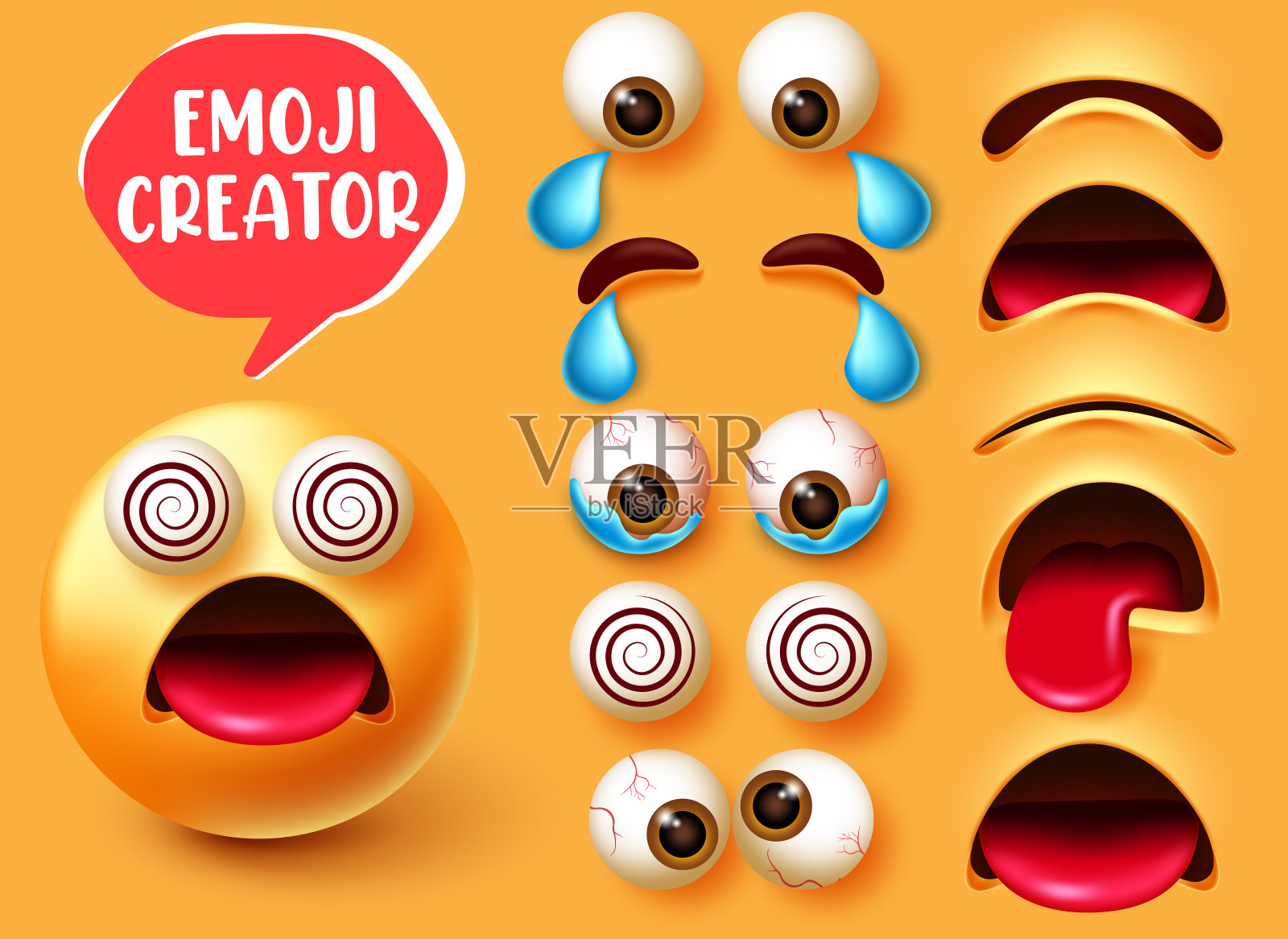 表情符号创造者向量集设计。Emoticon 3d字符在眩晕的面部表情与可编辑的面部元素，如眼睛和嘴的表情创作设计。插画图片素材