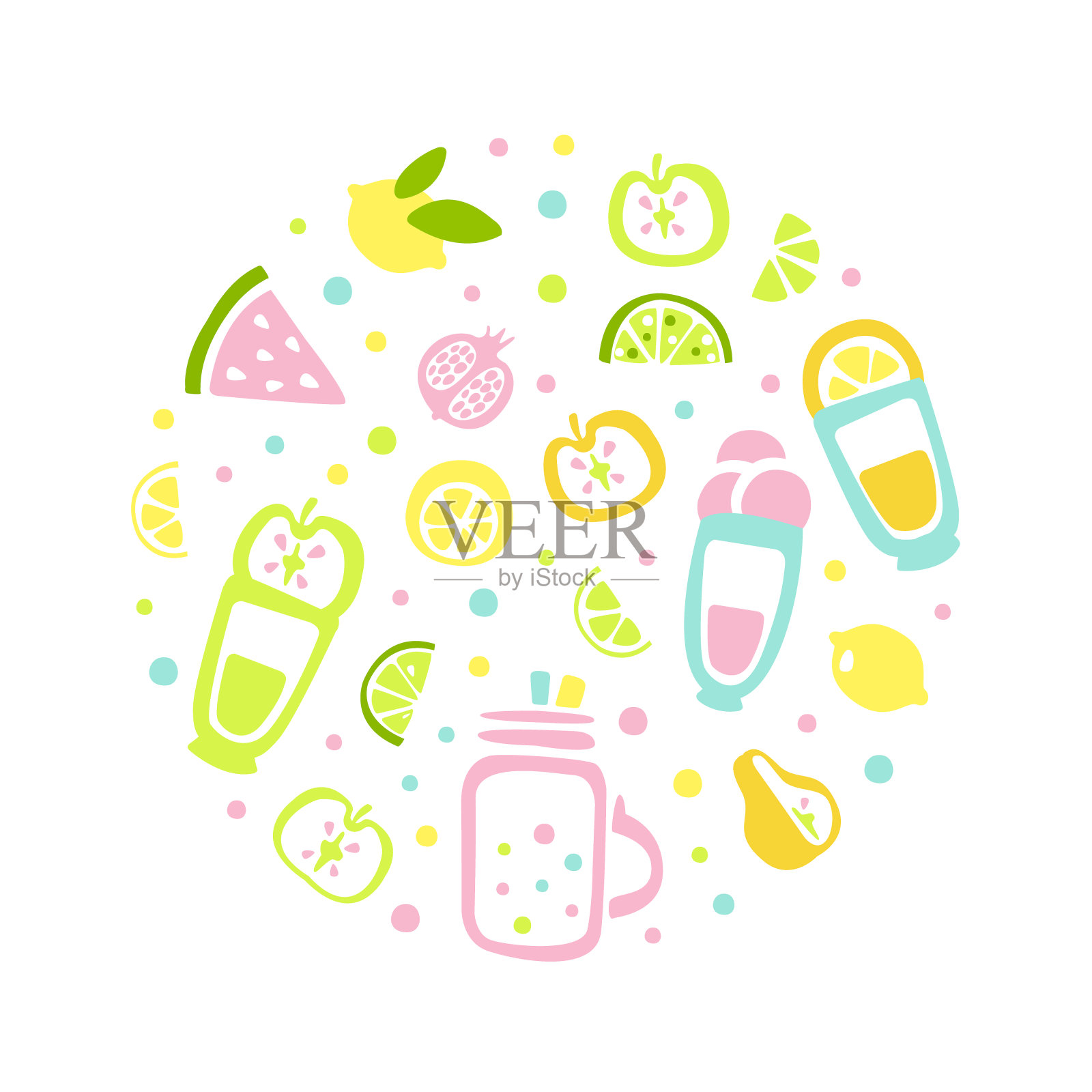 新鲜果汁和热带水果无缝模式圆形，清凉夏季饮料矢量插图插画图片素材