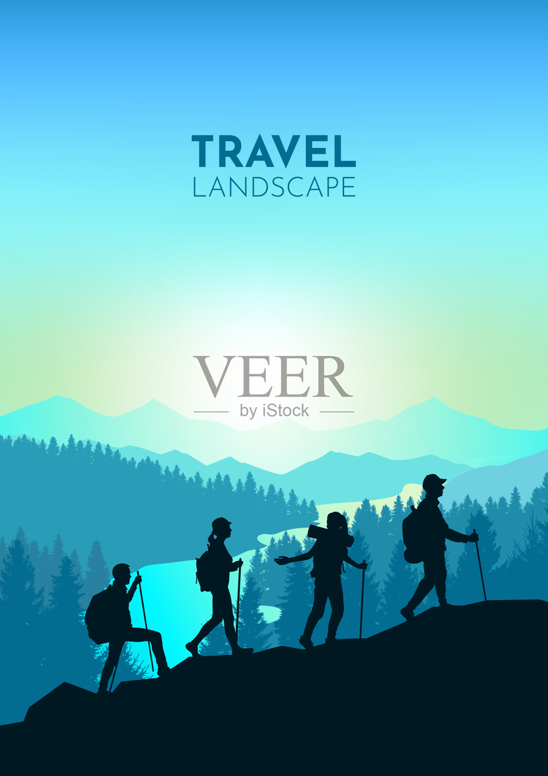 一群朋友爬山。团队合作。多边形景观插图，极简平面设计。探索、探索、观察自然的旅游理念。探险旅游。徒步旅行插画图片素材