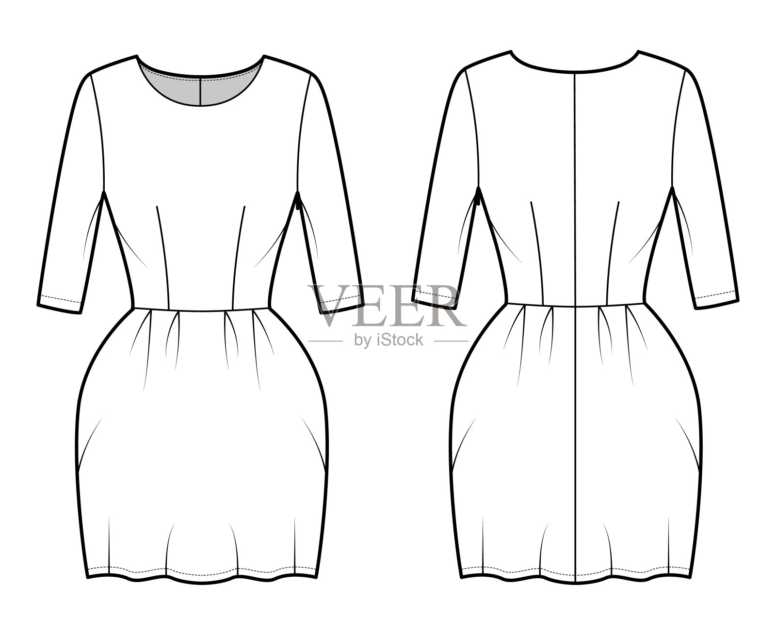连衣裙钟技术时尚插图与肘袖，合身的身体，超长铅笔裙。平服装方面插画图片素材