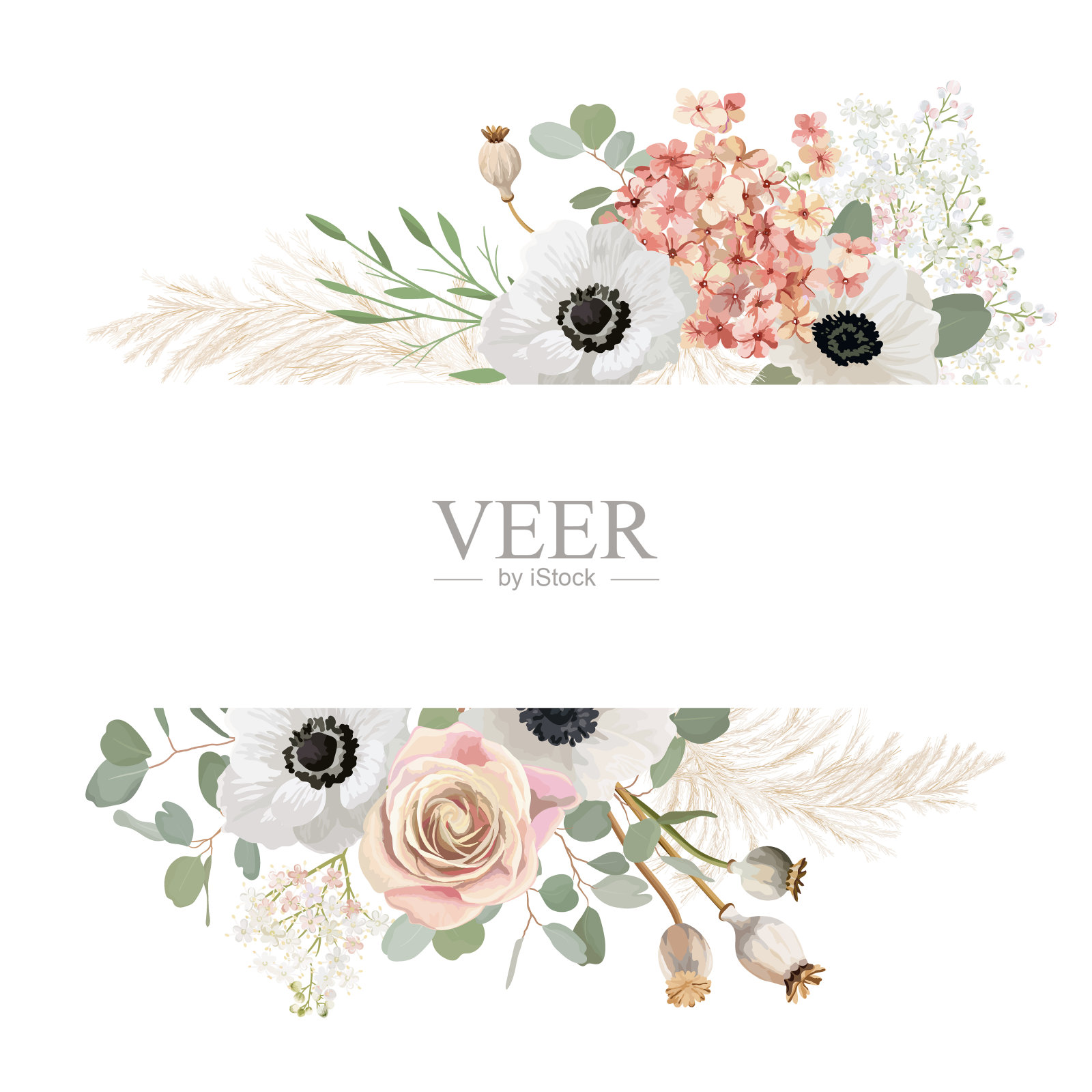 水彩花卉婚礼矢量框。潘帕斯草，银莲花，玫瑰花边界模板的婚礼。最小的春季请帖，装饰波西米亚的夏季横幅插画图片素材