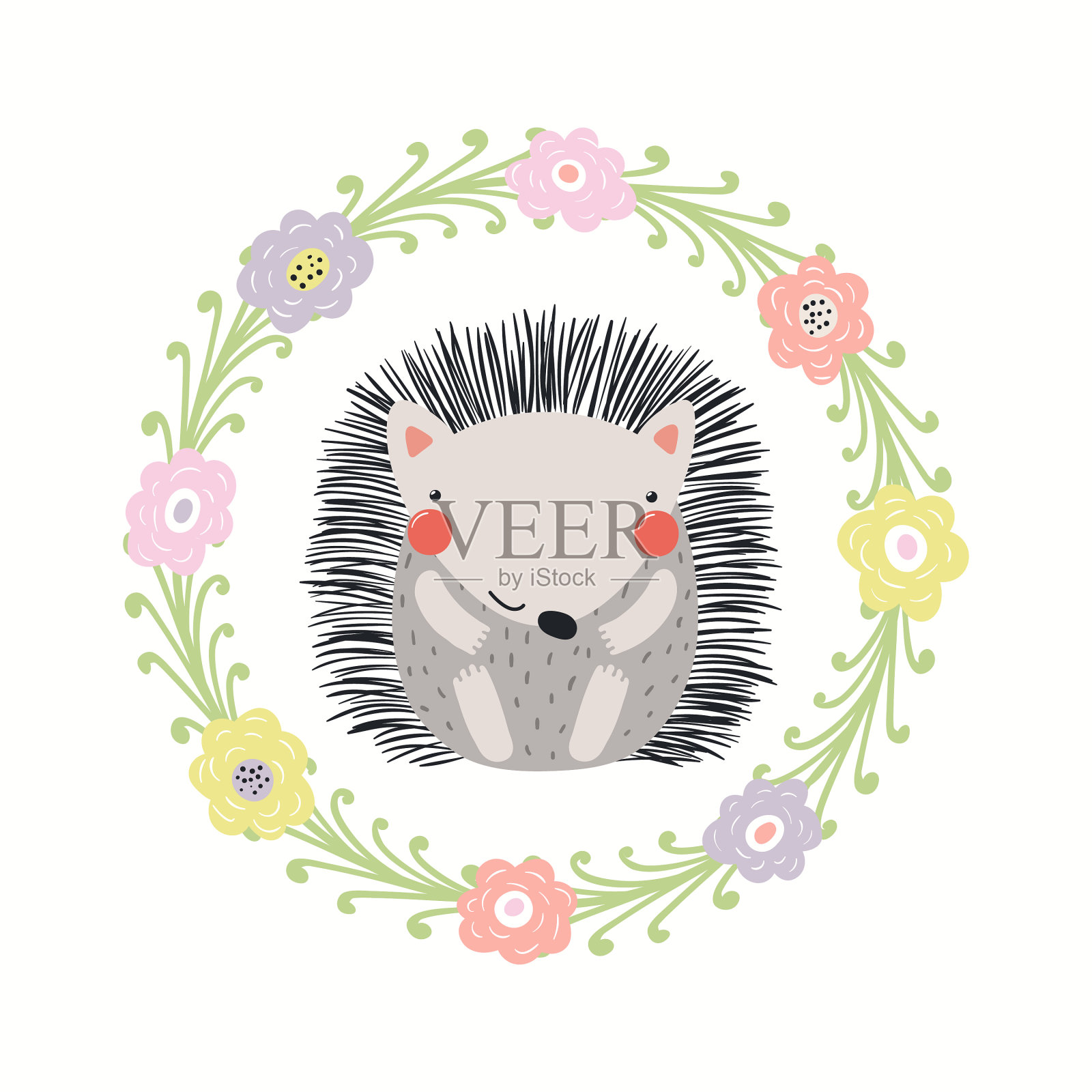 可爱有趣的刺猬在花的框架孤立插画图片素材