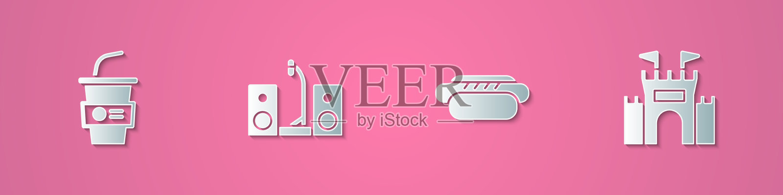 设置剪纸玻璃与水家庭立体音响图标素材