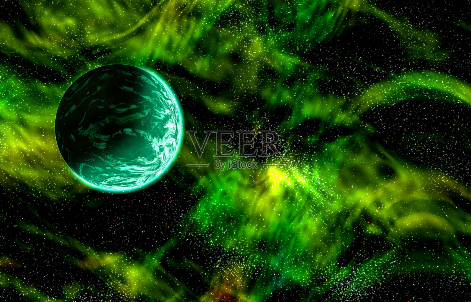 太空中神奇的绿色星球和恒星照片摄影图片