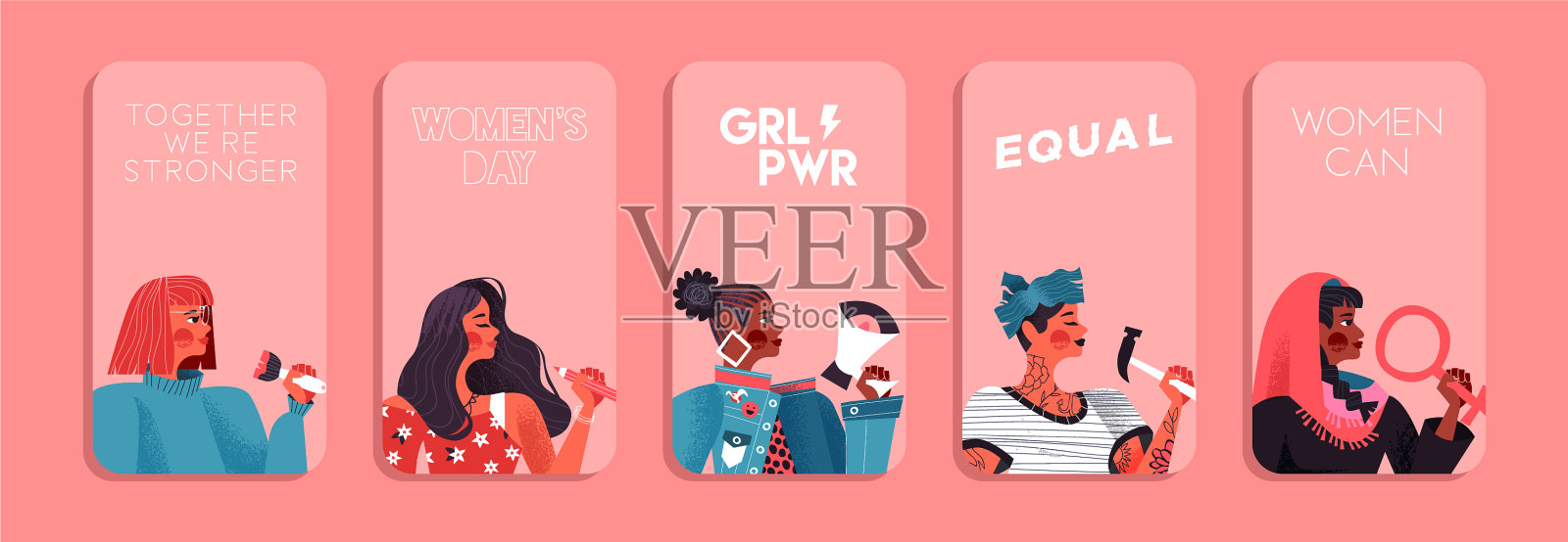 妇女节快乐多样的女人卡卡通套装插画图片素材