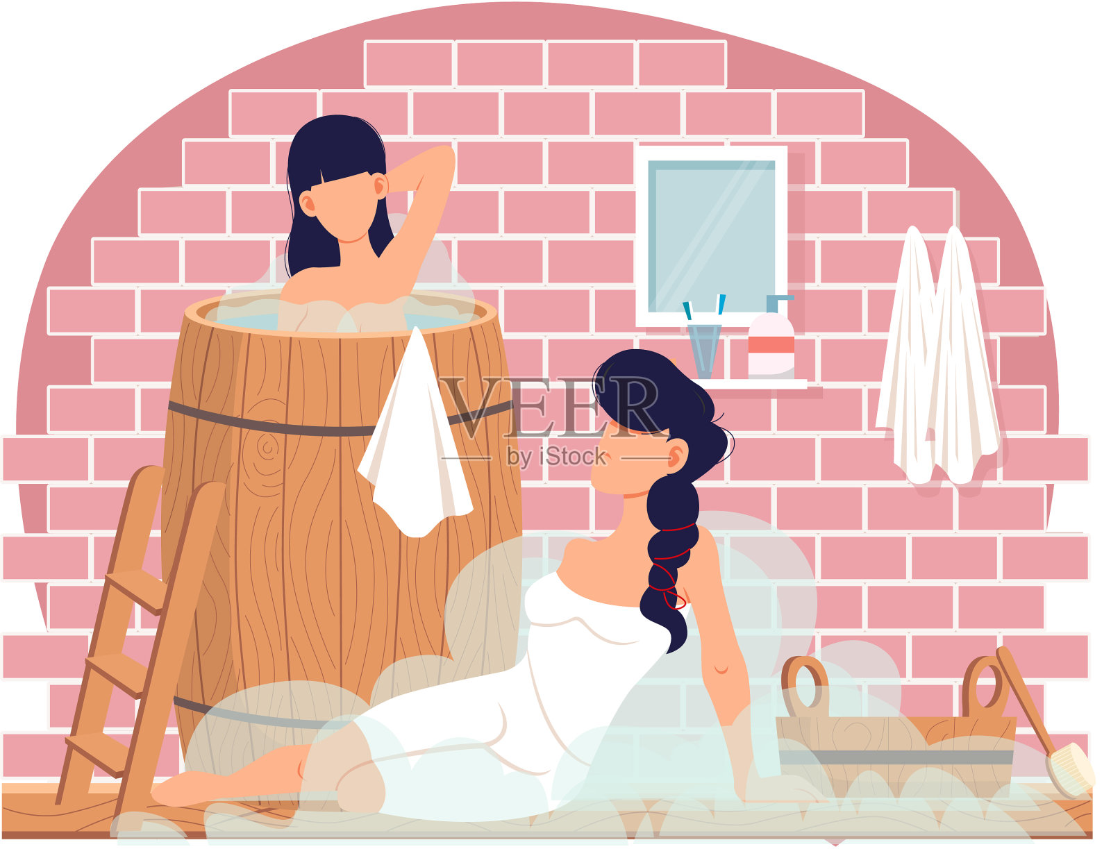 一个女人站在浴缸里跟朋友聊天插画图片素材