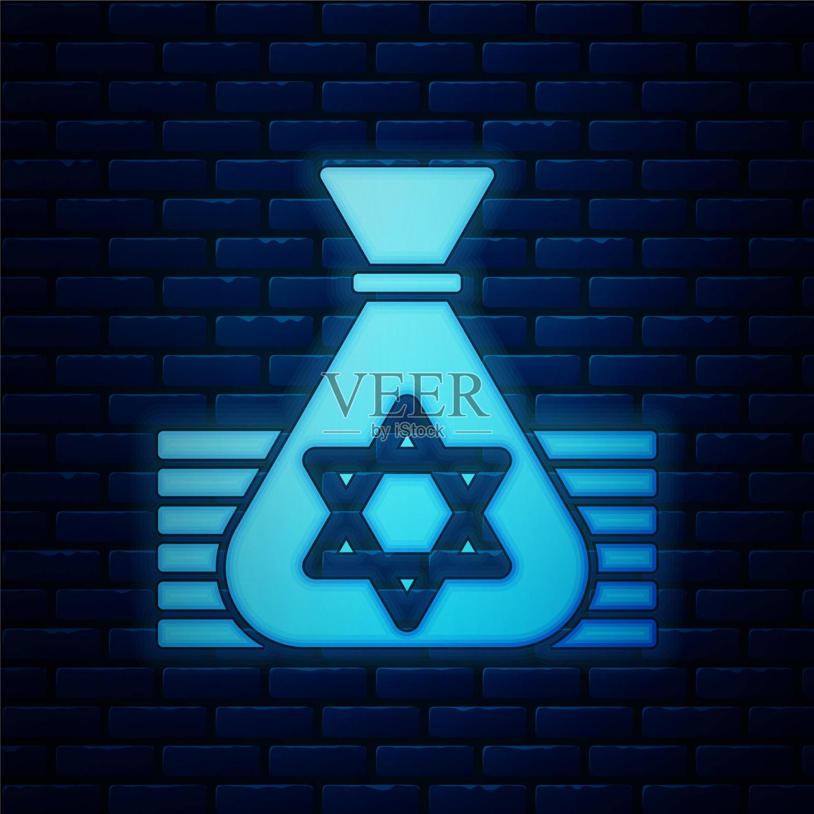 发光的霓虹犹太钱袋和星大卫插画图片素材