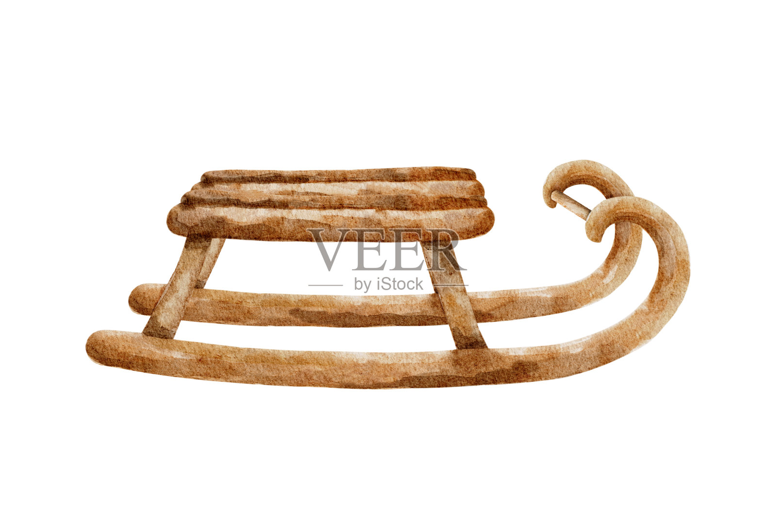 水彩旧木制复古雪橇与弯曲的跑孤立在白色的背景。插画图片素材
