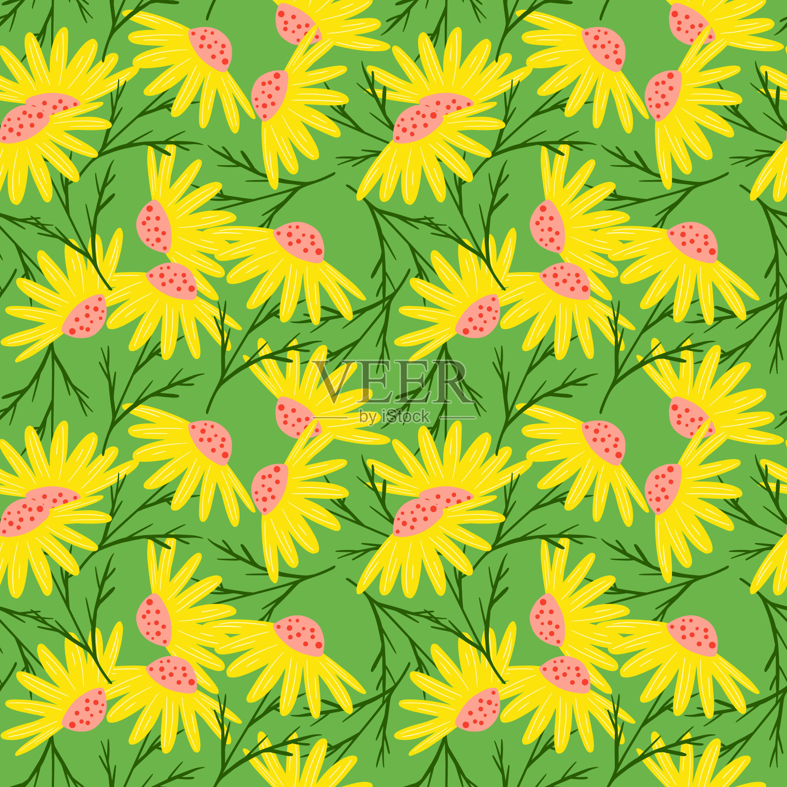 现代风格无缝图案与随机黄色雏菊花元素。绿色背景。布鲁姆打印。插画图片素材