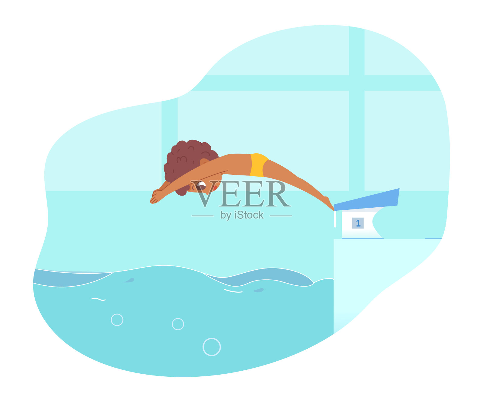 一个男孩跳进游泳池的水里。孩子跳进蓝色波浪矢量插图。游泳健将在课堂上锻炼。快乐的小朋友穿着泳衣在游泳插画图片素材