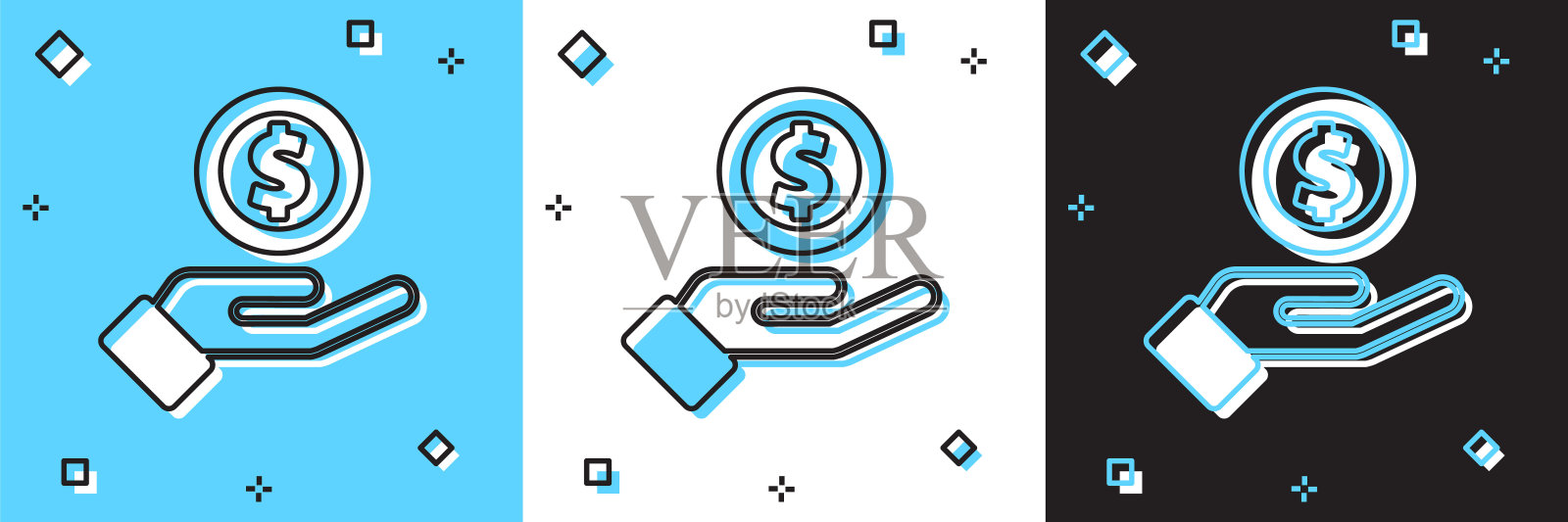设置人的手给钱的图标孤立在蓝白色，黑色的背景。收到钱图标。向量插画图片素材