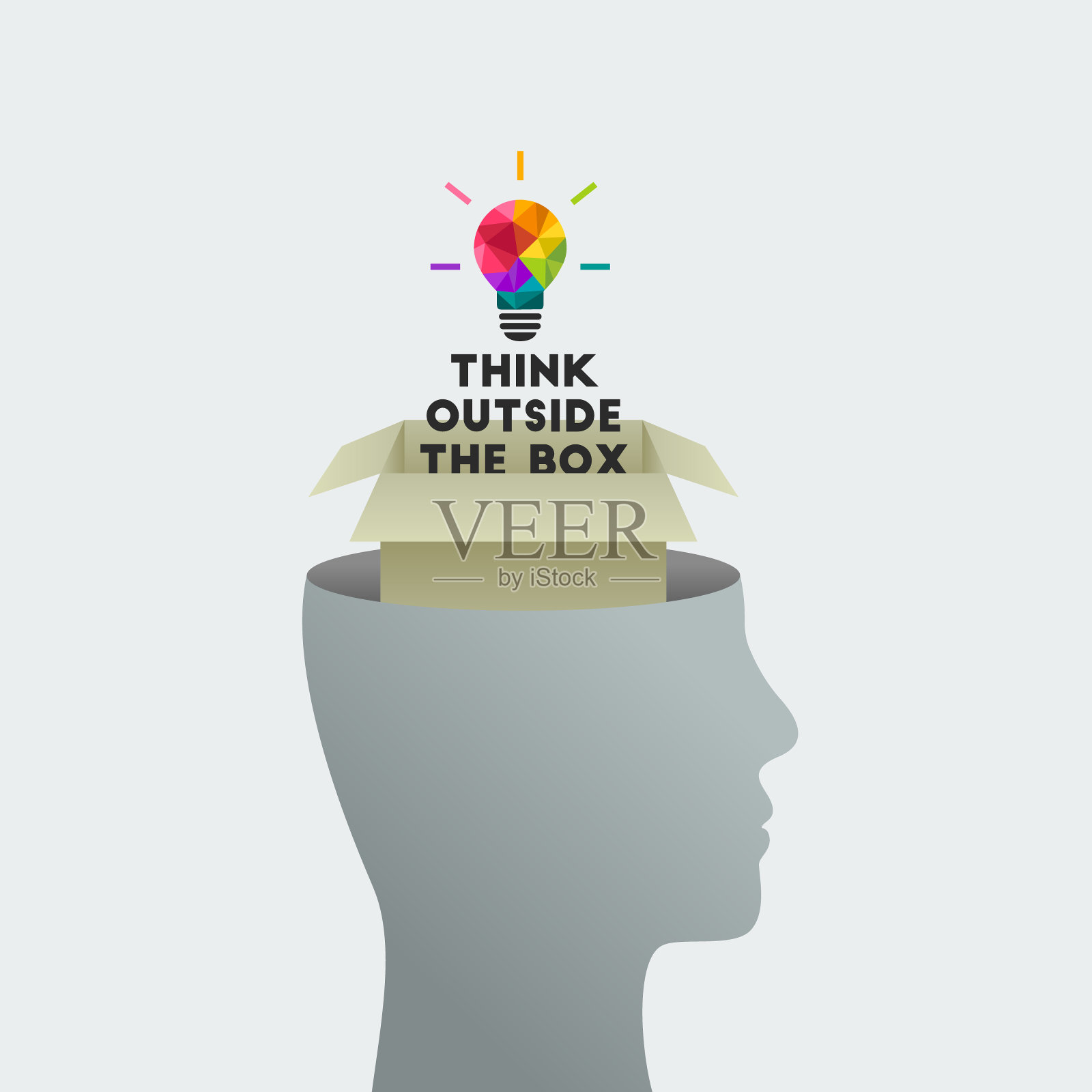 用说、人的头和彩色灯泡来跳出思维的框框插画图片素材