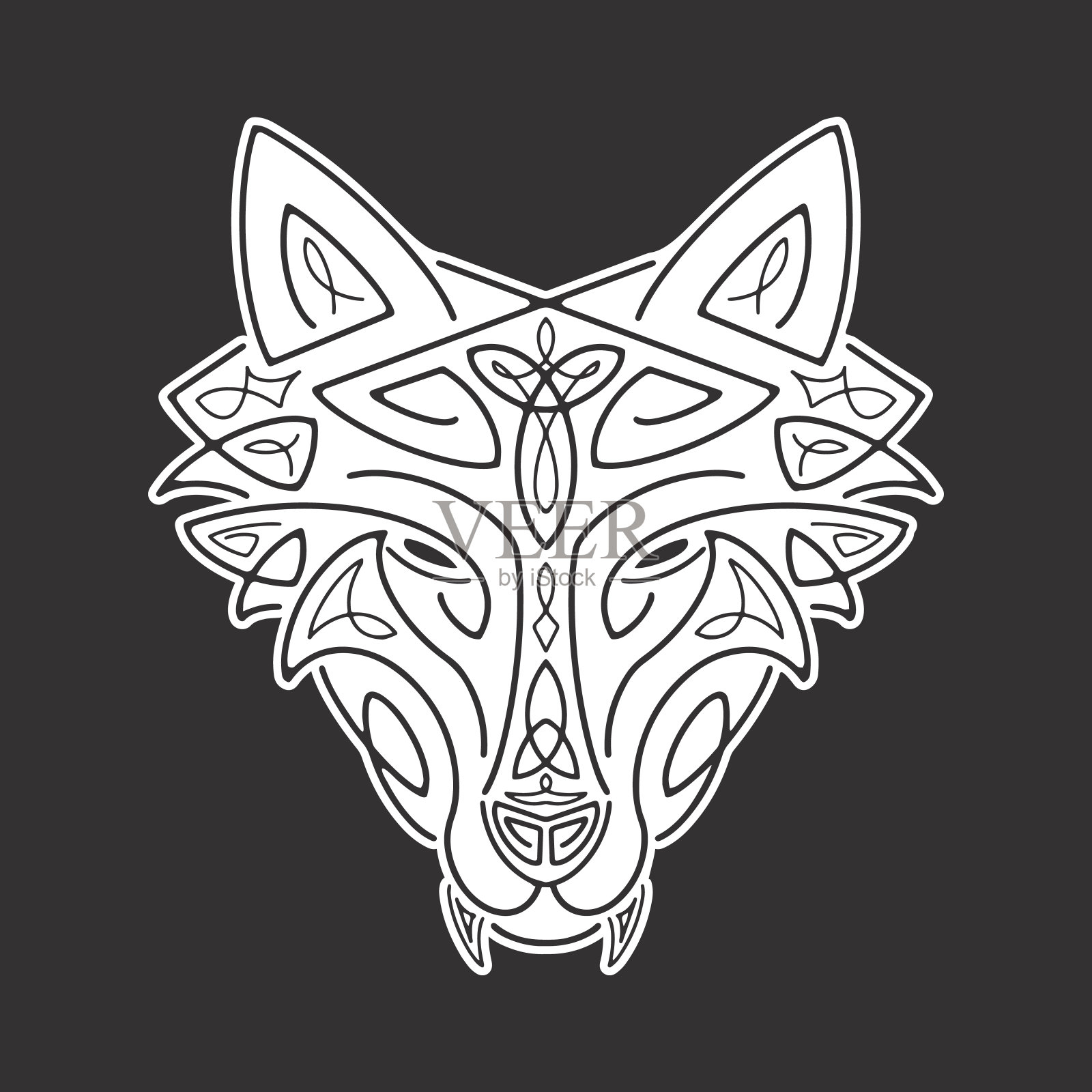 狼头凯尔特风格，t恤排版设计，野生动物图形印花。矢量图插画图片素材