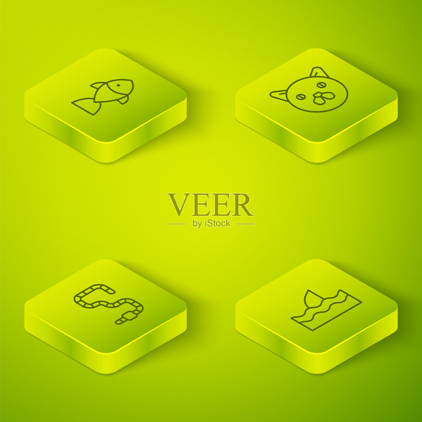 在海浪中设置等距猫虫鱼翅图标素材