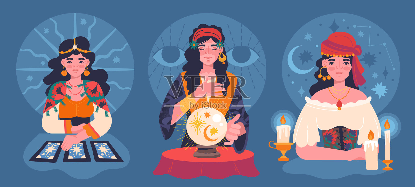 设定三个不同的吉普赛算命女插画图片素材