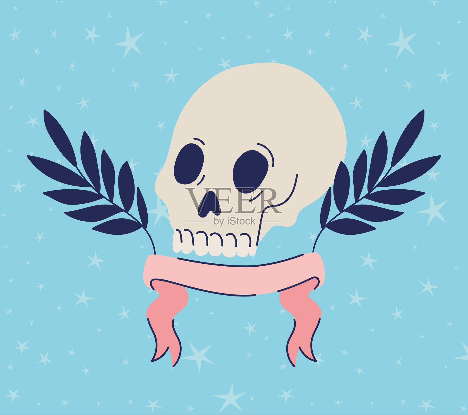 头骨上有羽毛和一条丝带插画图片素材