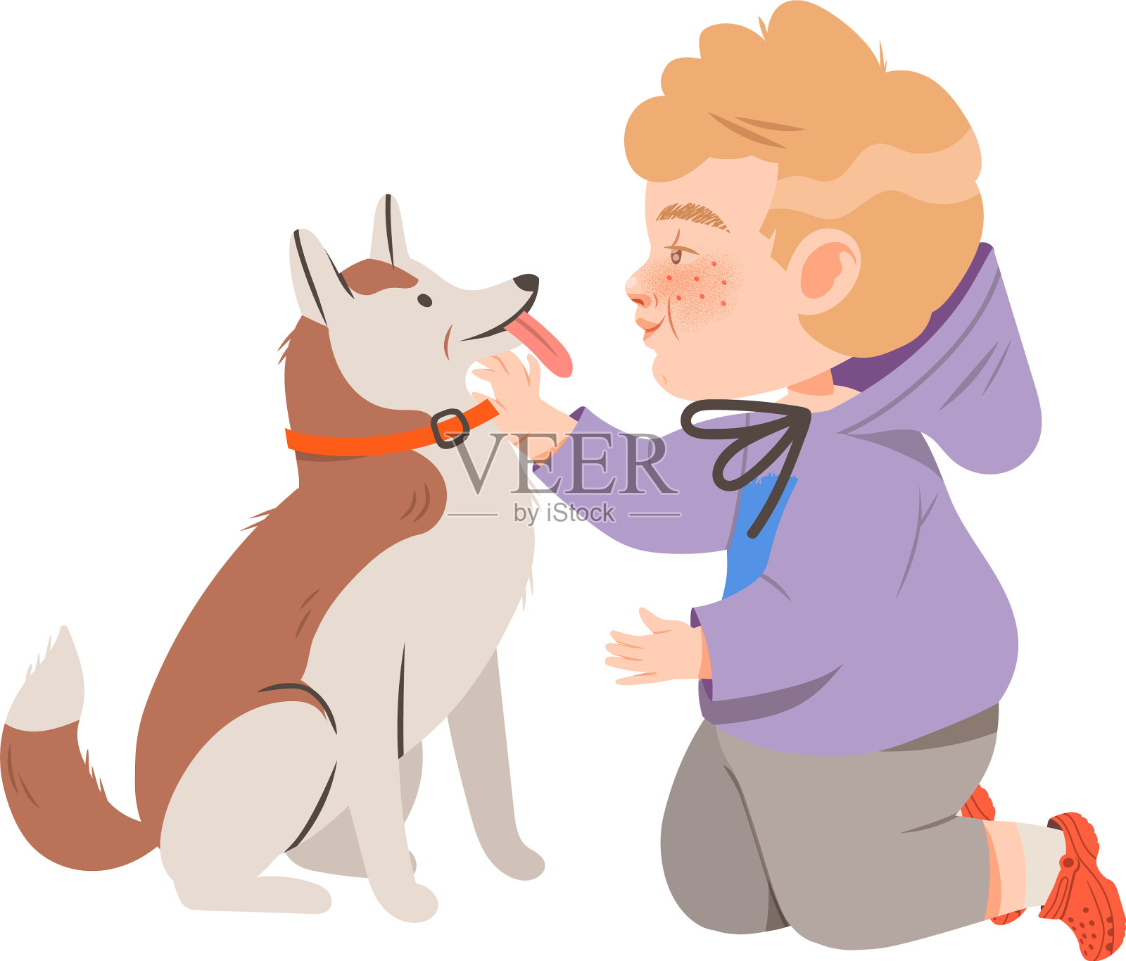 长雀斑的小男孩抚摸着他的狗插画图片素材