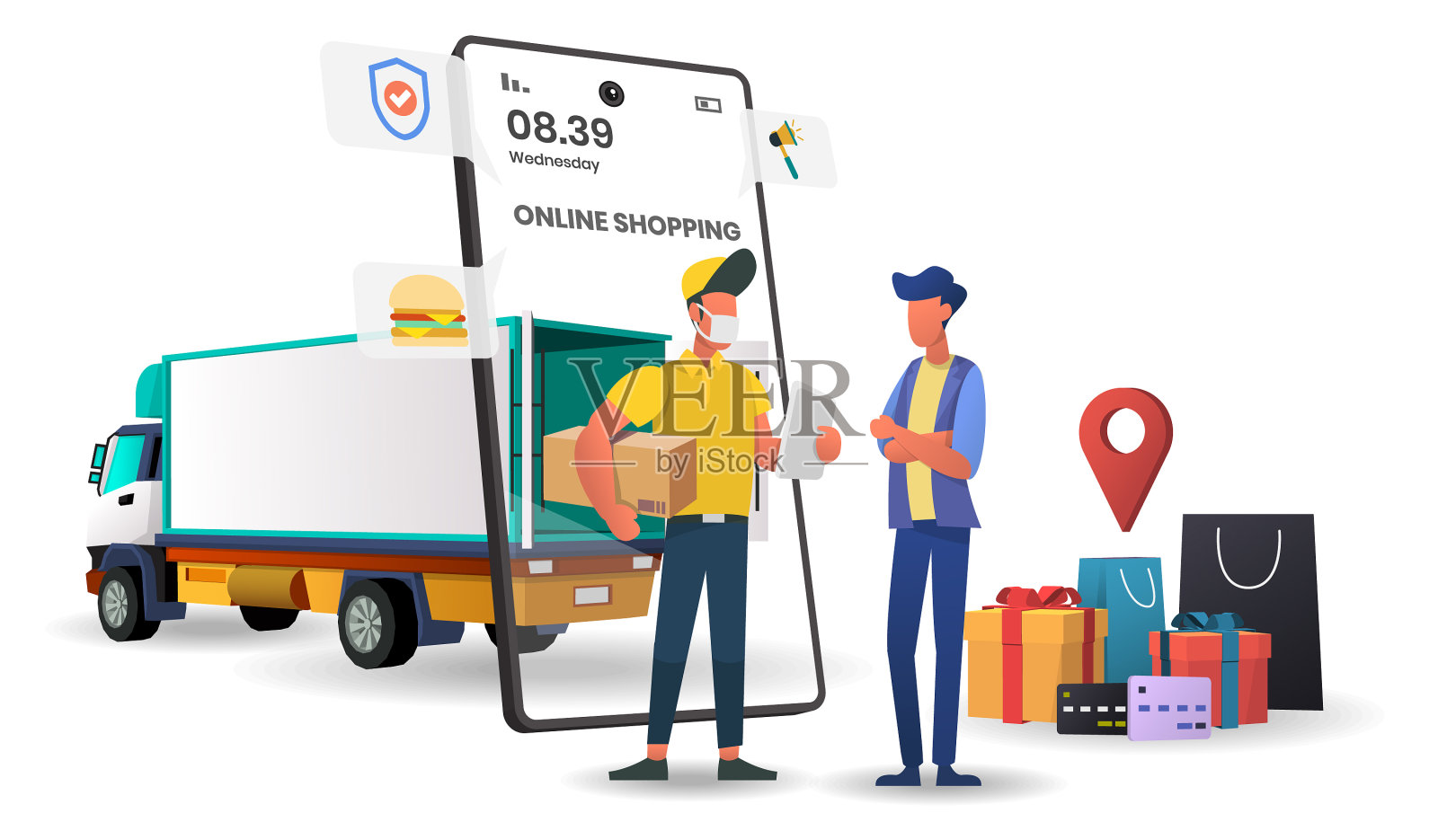 用卡车在移动应用上在线购物设计元素图片