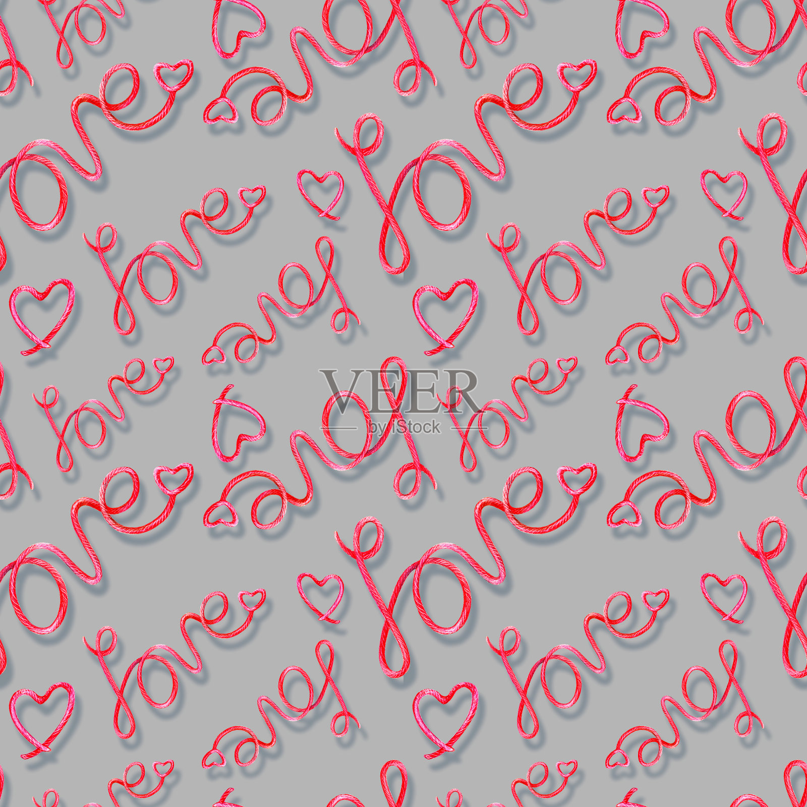 手工水彩无缝图案的爱字。无缝模式的婚礼或情人节。插画图片素材