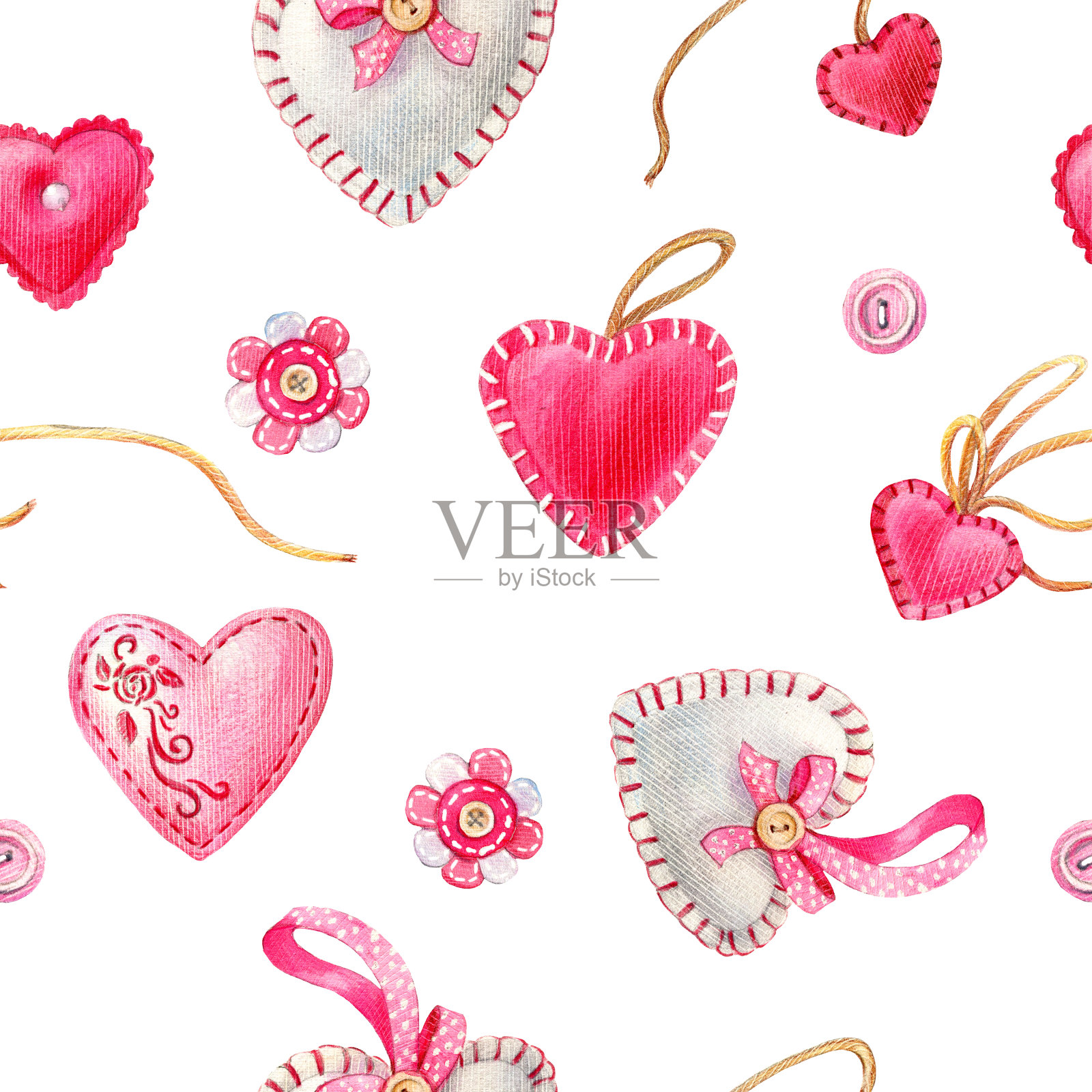 水彩无缝图案手工心。无缝模式的婚礼或情人节。插画图片素材