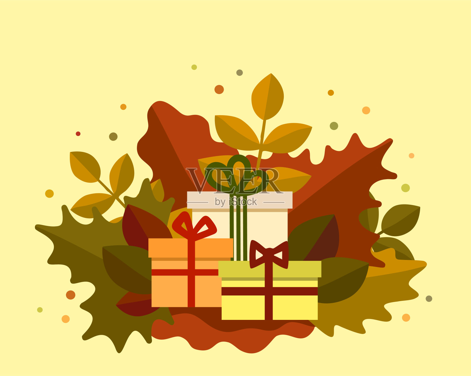 美丽的礼品盒与背景的秋天树叶。装饰明信片сartoon扁平风格的感恩节，落叶销售。放置你的文本。季节性自然颜色。秋季矢量股票插图。设计邀请，卡片，证书。插画图片素材