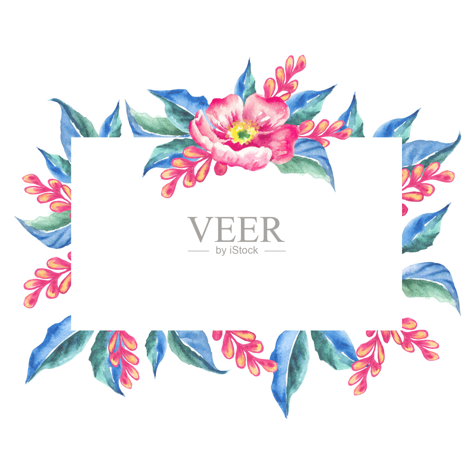 水彩框架与形象的粉红色的花和蓝色的叶子插画图片素材