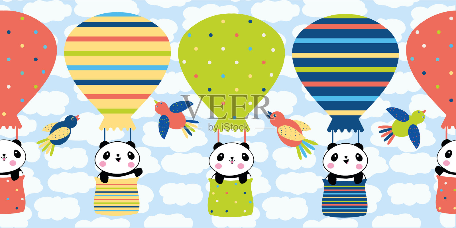 可爱的熊猫乘热气球旅行插画图片素材